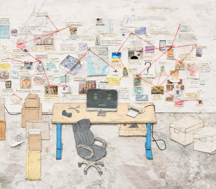 Detailed collage of a desk and messy workstation 